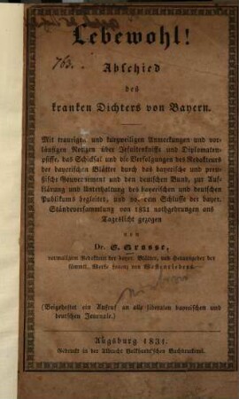 Lebewohl! : Abschied des kranken Dichters von Bayern