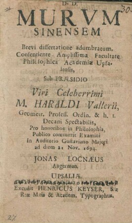 D. D. Murvm Sinensem brevi dissertatione adumbratum, Consientente Amplissima Facultate Philosophica Academiæ Upsalensis