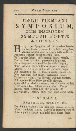 Caelii Firmiani Symposium, Olim Inscriptum Symposii Poetae Aenigmata