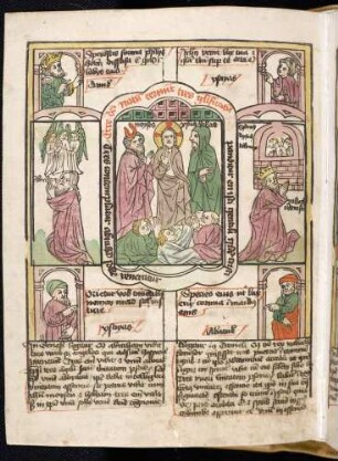 (1) Propheten-Brustbilder; (2) Antitypus: Verklärung Christi, dabei Moses und Elias; Typen: (3) Abraham kniet vor den drei Engeln; (4) Die drei Jünglinge im Feuerofen, davor Nebukanezzar