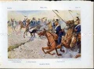 Uniformdarstellung, Offiziere und Mannschaften der Ulanen-Regimenter beim Angriff, Preußen, 1910/1912. Tafel 13 aus: Knötel: Preußen, Unser Heer.