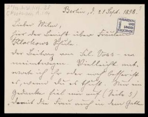 Brief von Anna Plothow an Wilhelm Schwaner