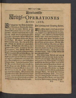 Venetianische Kriegs-Operationes Annop 1688.