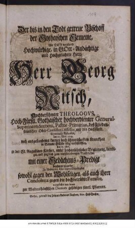 Der bis in den Todt getreue Bischoff der Gothaischen Gemeine, als der ... Herr Georg Nitsch ... selig entschlaffen, und mit einer Gedächtniß-Predigt beehret wurde ... von denen zur Walthershäusischen Dioces gehörigen sämtlichen Pfarrern