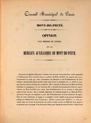 Opinion d'un Membre de Conseil sur les Bureaux auxiliaires du Mont-de-Piété : Conseil Municipal de Paris
