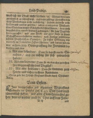Vom Ersten. [ Als eine besondere: Denn sie betrifft nur die Gerechten/ und die richtig für sich gewandelt haben:]