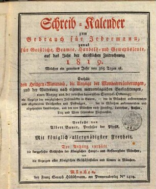 Schreib-Kalender zum Gebrauche für Jedermann : zumal für Beamte, Geistliche, Handels- und Gewerbsleute. 1819