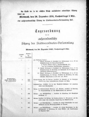 Anlage: Tagesordnung für die außerordentliche Sitzung, 24. Dezember 1891