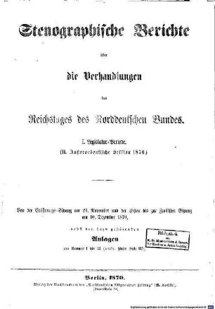 Verhandlungen des Reichstages des Norddeutschen Bundes. Stenographische Berichte über die Verhandlungen des Reichstages des Norddeutschen Bundes, 15. 1870