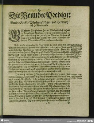 Die Neundte Predigt: Von der Krafft, Würckung, Nutzen und Gebrauch deß H. Abendmals
