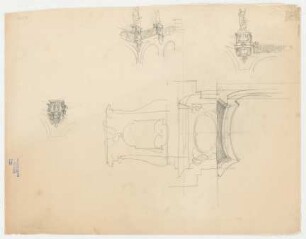 Thiersch, Friedrich von; München; Justizpalast - Supraporte, Balustrade, Aufsätze u. Statuen (Ansichten, Perspektive)