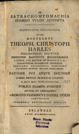 De Batrachomyomachia, Homero vulgo adscripta, dissertatio philologica