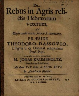 De Rebus in Agris relictis Hebraeorum veterum : Ad Illustranda varia Sacrae S. commata