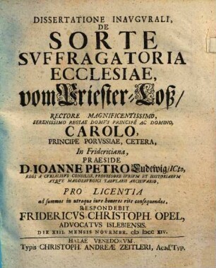 Dissertatione Inavgvrali, De Sorte Svffragatoria Ecclesiae, vom Priester-Loß