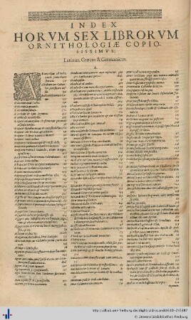 Index Horvm Sex Librorvm Ornithologiae Copiosissimvs.