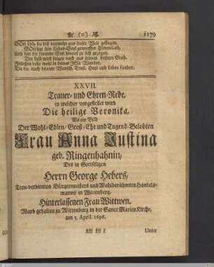 XXVII. Trauer-und Ehren-Rede: Die heilige Veronika