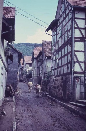 Steinbach. Blick entlang einer Straße mit Fachwerkhäusern