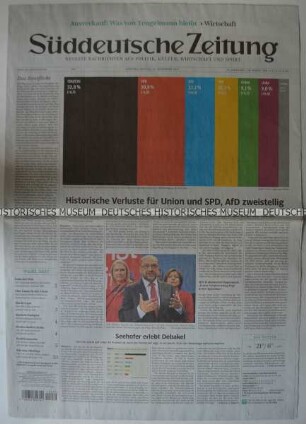 Tageszeitung "Süddeutsche Zeitung" mit Titel zur Bundestagswahl in Deutschland