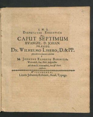 Disputatio Exegetica In Caput Septimum Evangel. D. Johan.