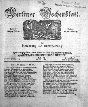 No. 1, Sonnabend, den 6. Januar 1838.