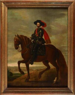 Wolfgang Wilhelm (1578 - 1653), Pfalzgraf bei Rhein zu Neuburg, Herzog von Jülich-Berg zu Pferd vor der Stadt Düsseldorf