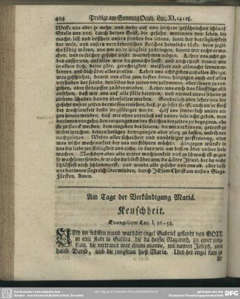 Am Tage der Verkündigung Mariä. Keuschheit. Evangelium Luc. I, 26-38
