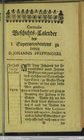 Curieuser Geschichts-Calender des I. Superintendentens zu Leipzig D. Johannis Pfeffingeri