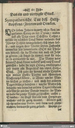 Das ein und viertzigste Stuck. Sympathetische Cur deß Hertzklopffens, Zitteren und Drucken