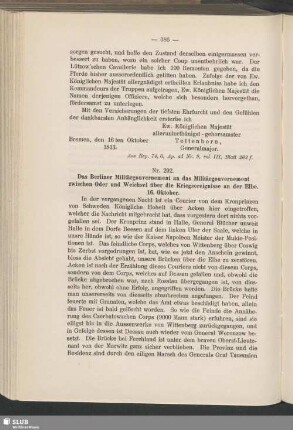 Nr. 292. Das Berliner Militärgouvernement an das Militärgouvernement zwischen Oder und Weichsel über die Kriegsereignisse an der Elbe. 16. Oktober