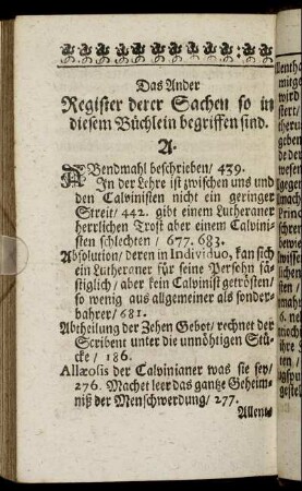 Das Ander Register derer Sachen so in diesem Buechlein begriffen sind