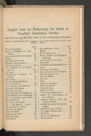 Register nach der Reihenfolge der Stücke in Claudius' Werken
