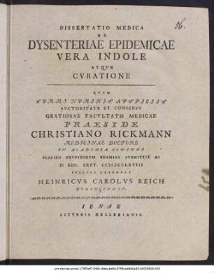 Dissertatio medica De dysenteriae epidemicae vera indole atque curatione ...