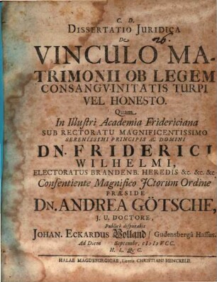 Diss. iur. de vinculo matrimonii ob legem consangvinitatis turpi vel honesto