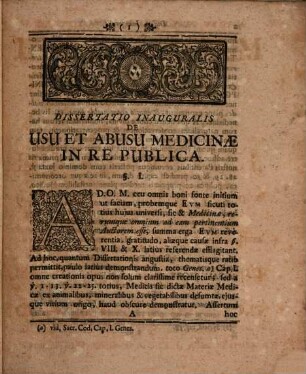 Dissertatio Inauguralis Medica Exhibens Usum Et Abusum Medicinae In Re Publica