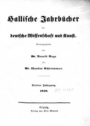 Hallische Jahrbücher für deutsche Wissenschaft und Kunst. Angebunden: Intelligenzblatt / 3.1840