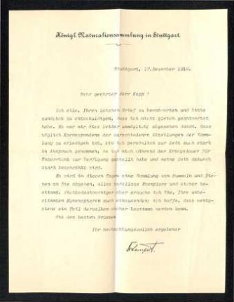 Brief von Lampert (Königliche Naturaliensammlung) an Kopp