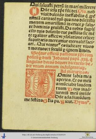 Officium passionis christi compositum per dominum Johannem papa xxij