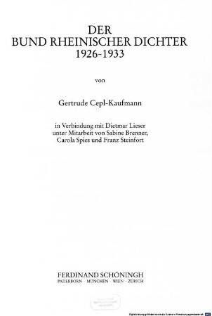 Der Bund Rheinischer Dichter : 1926 - 1933