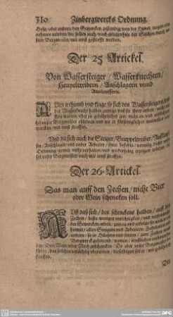 Der 26. Artickel. Das man auff den Zechen/ micht Bier oder Wein schencken soll.