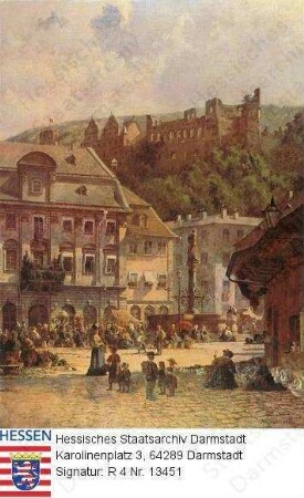 Heidelberg, Markt mit Rathaus und Blick zum Schloss
