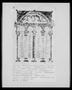 Evangelistar — Kanontafel mit Architekturrahmen und Evangelistensymbolen, Folio 1 verso