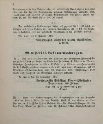 4. Ministerial-Bekanntmachung, betreffend die Vergütungssätze für die Naturalverpflegung der bewaffneteten Macht im Frieden im Jahre 1896