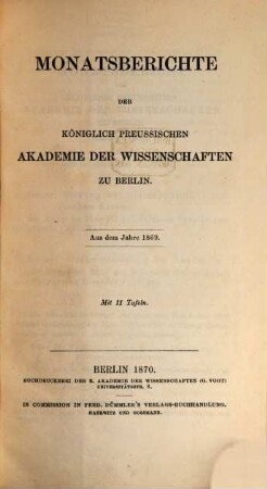 Monatsbericht der Königlich Preussischen Akademie der Wissenschaften zu Berlin. 1869