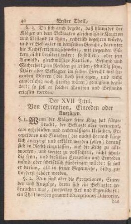 Der XVII. Titul. Von Exception, Einreden oder Auszügen