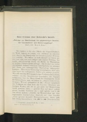 Zwei Critiken über Hobrecht's Schrift: "Beiträge zur Beurtheilung des gegenwärtigen Standes der Canalisations- und Berieselungsfrage".