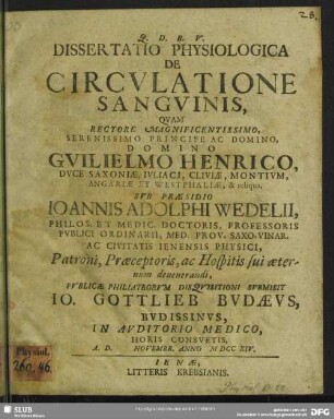 Dissertatio Physiologica De Circulatione Sanguinis