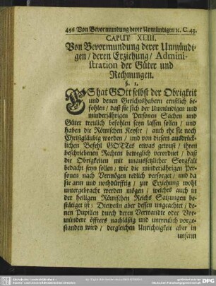 Caput XLIII. Von Bevormundung derer Unmündigen, deren Erziehung, Administration und Rechnungen
