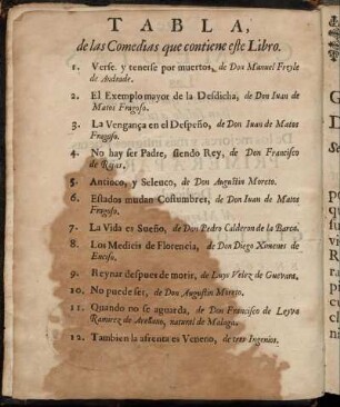 Tabla, de las Comedias que contiene este Libro.
