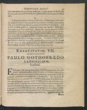 Exercitatio. VII. Respondente Paulo Gothofredo à Königsloew, Lipsiensi.