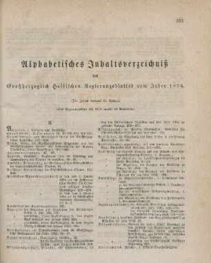 Alphabetisches Inhaltsverzeichniß des Großherzoglich Hessischen Regierungsblattes vom Jahre 1854